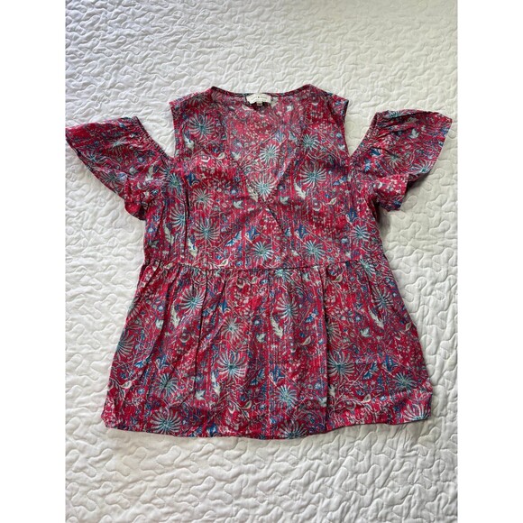Lucky Brand Tops - Lucky Brand Pink Cold Shoulder Vneck Floral Print Blouse size small